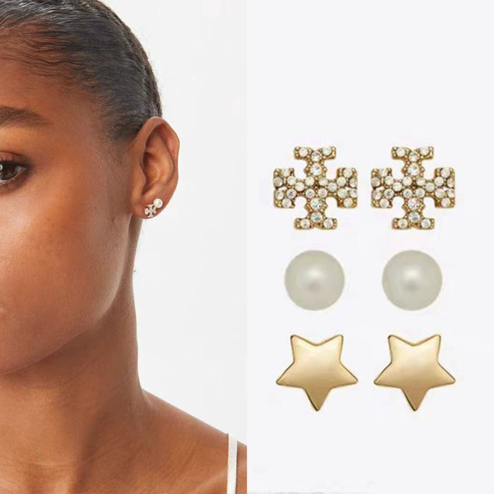 Tory Burch Full Diamond Double Pearl Star 3-Piece Earrings Mix Match